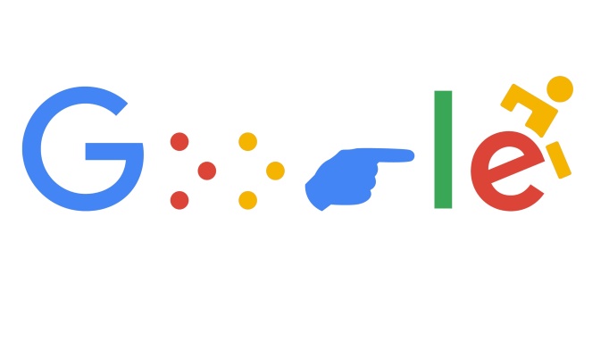 Google accessibility logo with letters in various colors and including Braille, sign, and a wheelchair